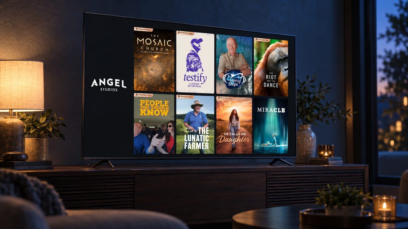 A TV in a living room shows the Angel Studios library.