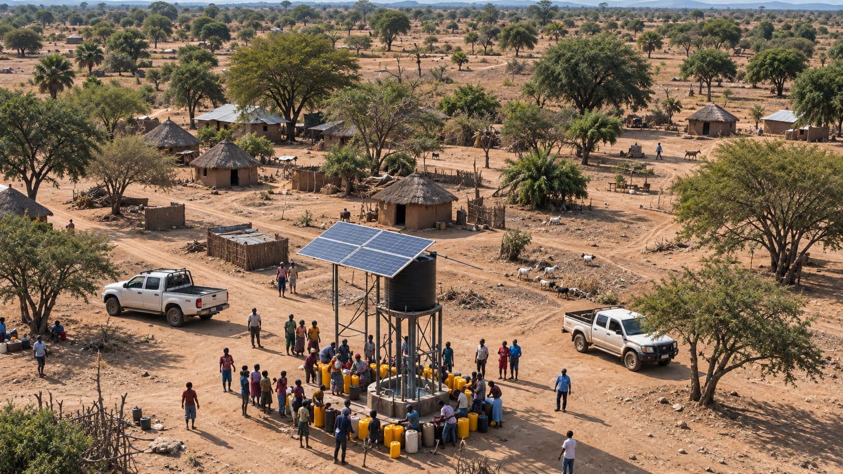 Luftbild eines Dorfes in der Savanne mit Solaranlage und Brunnen, um den sich Menschen versammeln.